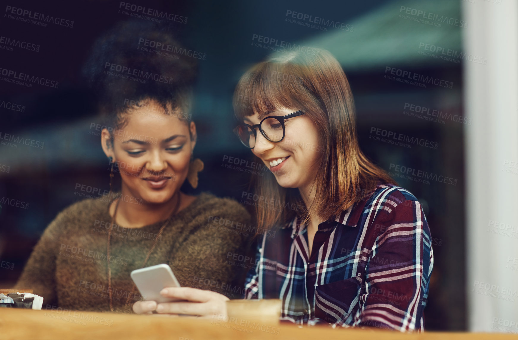 Buy stock photo Phone, scroll and window with friends in coffee shop for social media, bonding and reunion. Online restaurant rating, contact and relax with women and tech in cafe for communication and customer
