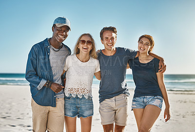 Buy stock photo Smiling, friends and hug in portrait on beach in summer for vacation, holiday and bonding or recreation. Happy, men and women embrace seaside for sunset, reunion and adventure or in bali for weekend