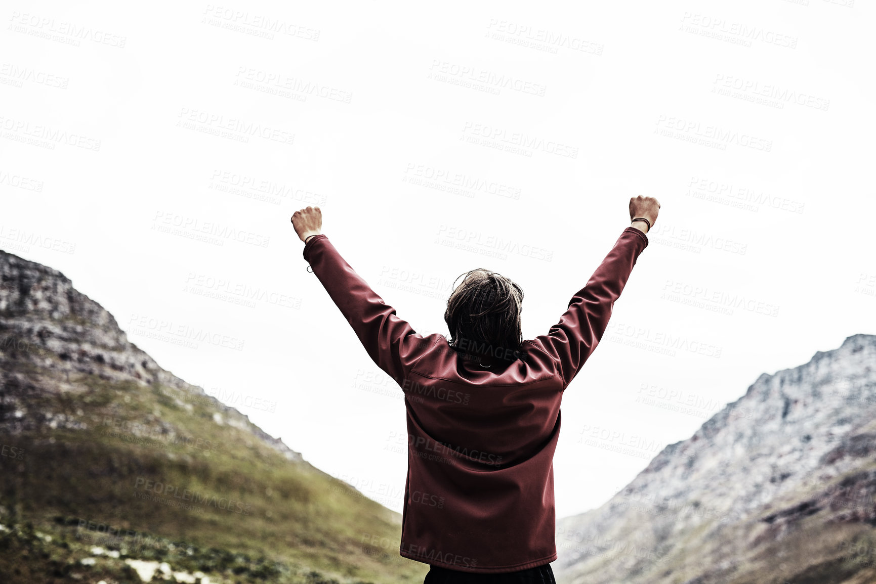 Buy stock photo Nature, mountain and back of man with victory, celebration and achievement of fitness goal in Australia. Outdoor, male runner and hand gesture for challenge success, training and results for wellness