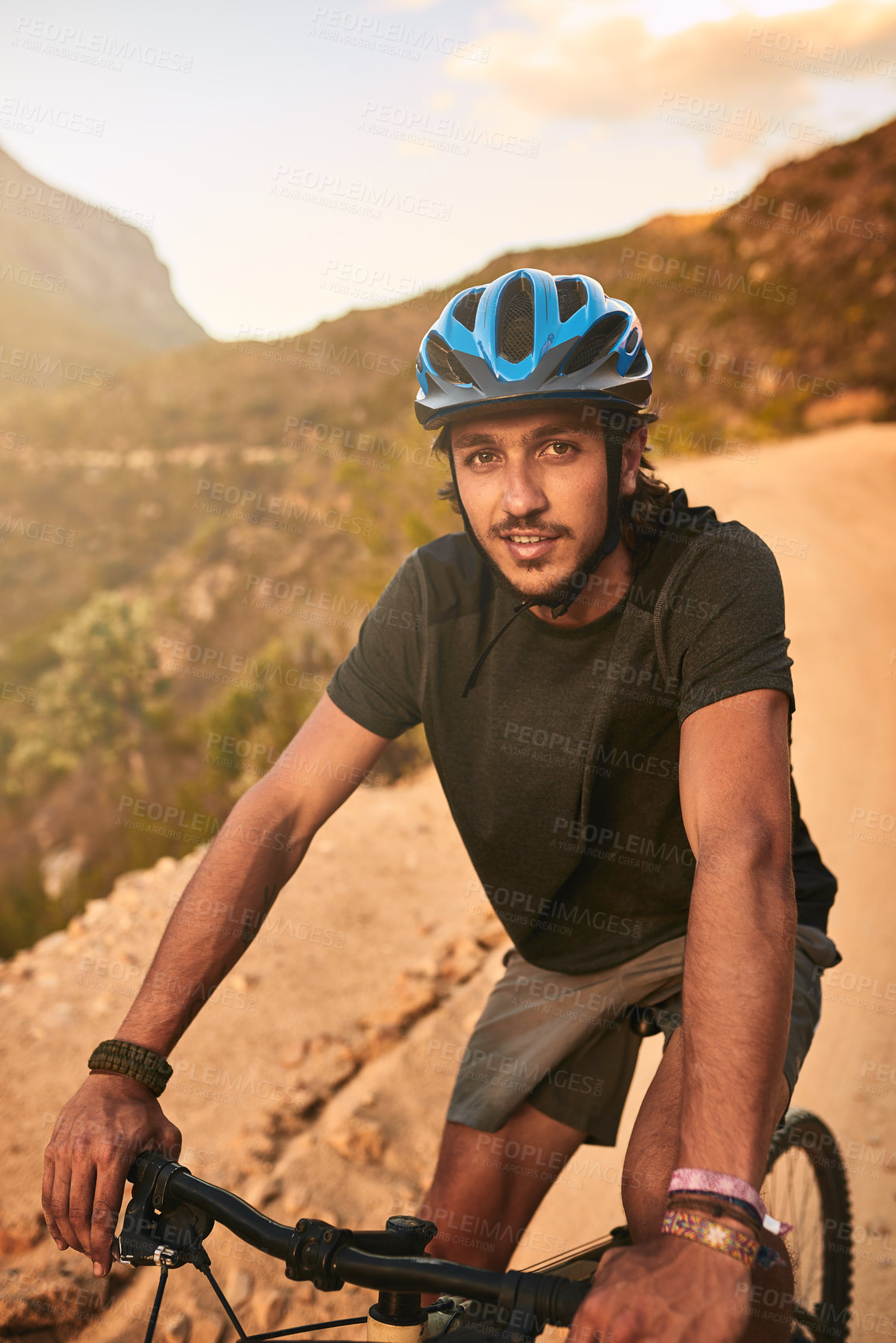 Buy stock photo Cyclist, portrait and man with bicycle on mountain for outdoor travel, journey and fitness in morning. Nature, exercise and male person with bike for cycling, wellness and workout in Australia