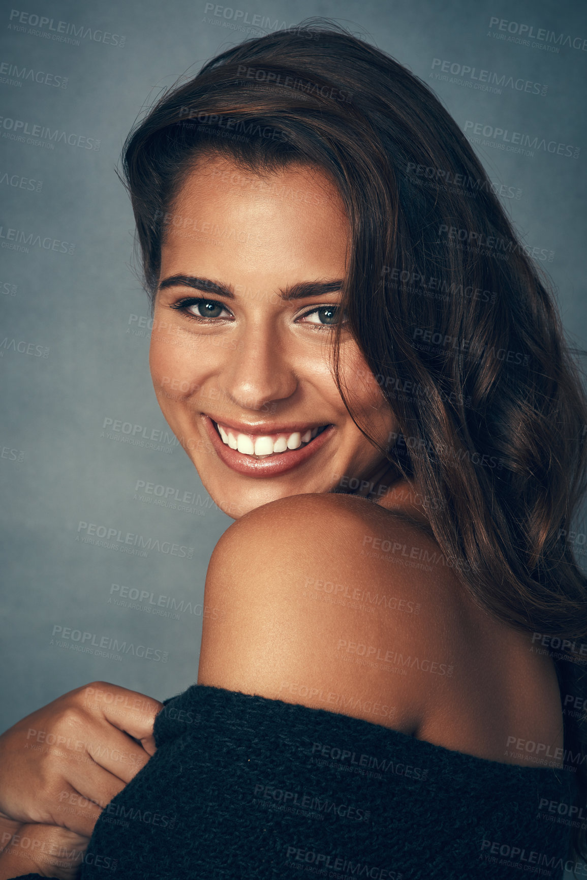 Buy stock photo Smile, pose and shoulder in portrait, woman and confident by backdrop, hair and face for casual fashion. Happy female person, beauty and cosmetics or proud, care and skin for luxury wellness or joy