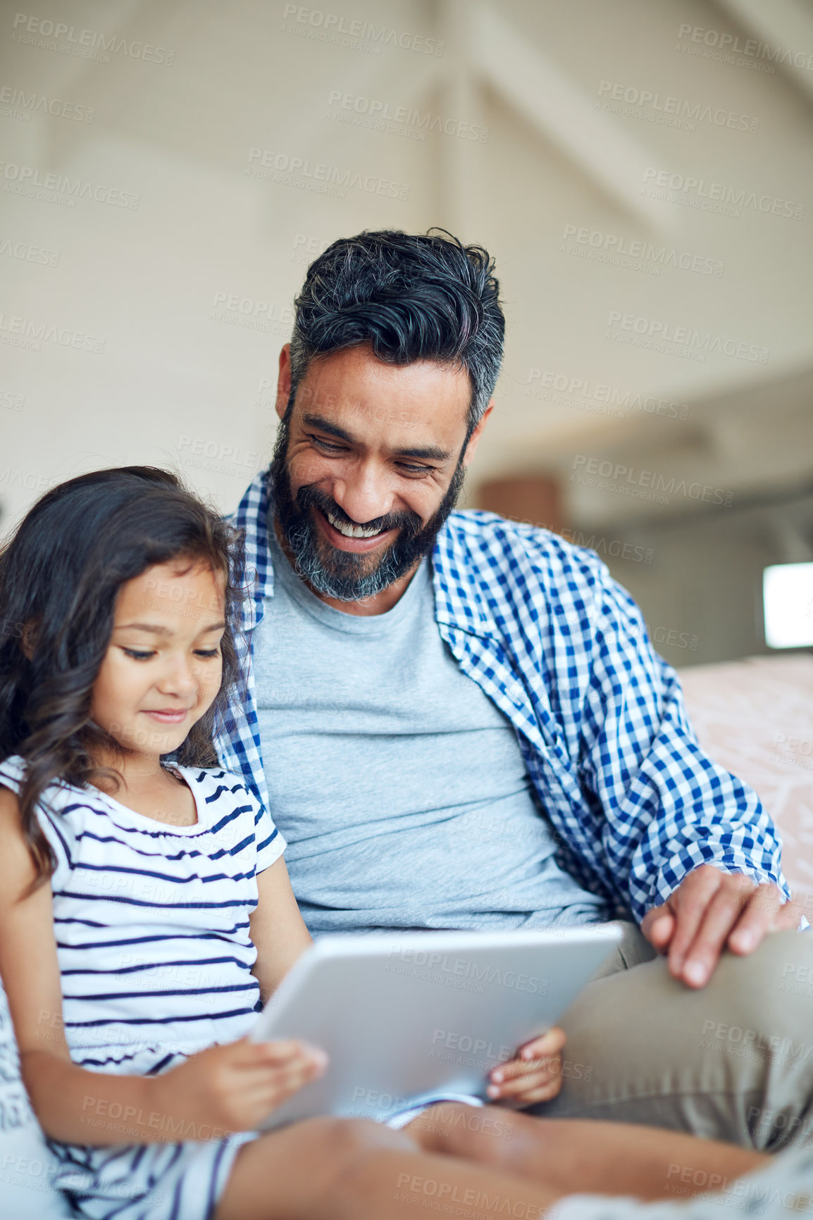 Buy stock photo Father, girl and tablet on sofa, happy and relax together for reading, games or cartoon show on web. Dad, daughter and  digital touchscreen for movies, video streaming or subscription on lounge couch