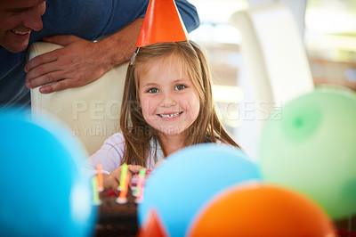 Buy stock photo Portrait of a happy little girl enjoying a birthday party at home