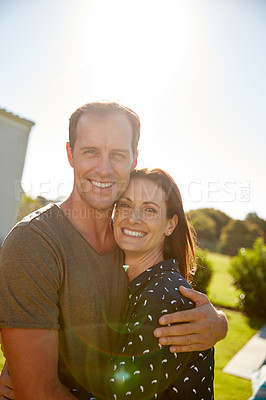 Buy stock photo Cropped shot of an affectionate couple standing outside