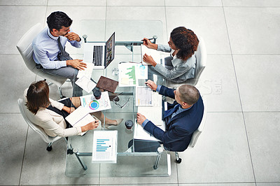 Buy stock photo Business meeting, diversity or business people with documents on advertising strategy, web SEO growth or research. Feedback or teamwork on tech planning, social media or networking in office building