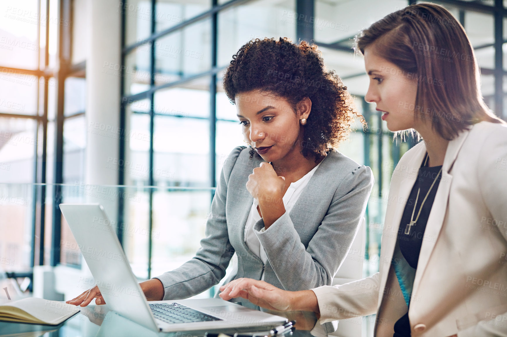 Buy stock photo Business people, woman and teamwork with laptop in office for human resources introduction and startup briefing. Collaboration, employees and meeting with discussion for corporate training and review