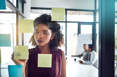 Buy stock photo Thinking, strategy or black woman for business schedule planning, creative idea or marketing review in meeting. Corporate, glass post it sticky note or manager for analytics or project management


