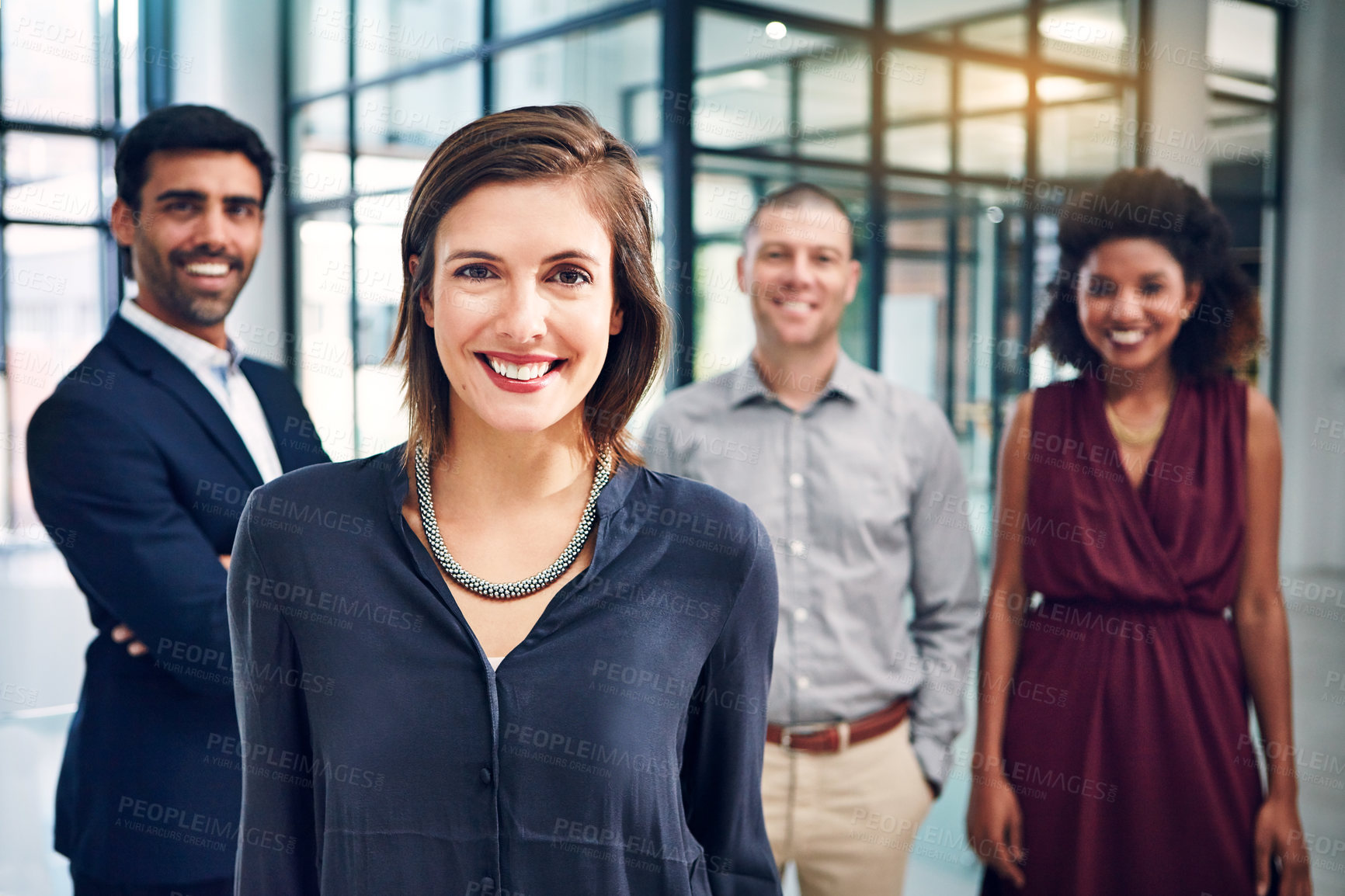 Buy stock photo Business woman, team leader and management portrait in office with motivation for growth. Face of corporate men and women together for diversity, vision and support for leadership in happy workplace