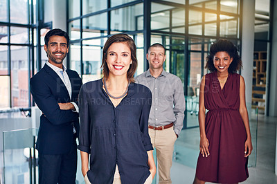 Buy stock photo Portrait, leadership and group of business people with woman, confidence and office manager with smile. Teamwork, diversity and professional consultancy together with advisor, entrepreneur or boss