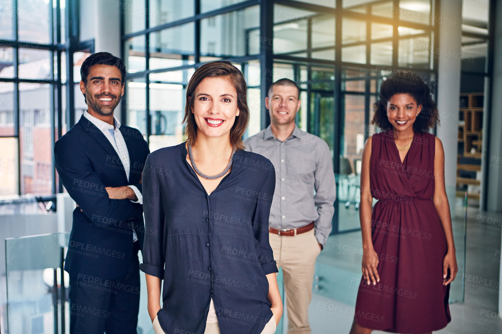 Buy stock photo Portrait, leadership and group of business people with woman, confidence and office manager with smile. Teamwork, diversity and professional consultancy together with advisor, entrepreneur or boss