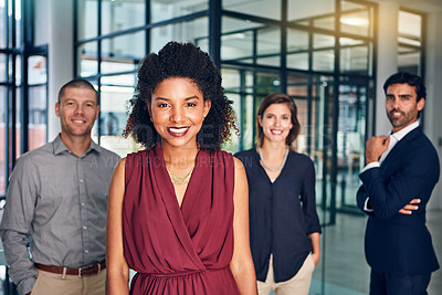 Buy stock photo Business people, smile portrait and success together for teamwork support, company vision and standing ready in office. Diversity, corporate team and management happiness or leadership motivation