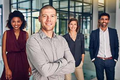 Buy stock photo Leadership, success portrait and happy team together, teamwork support and company vision standing in office. Diversity, corporate happiness and business people smile for entrepreneur motivation 