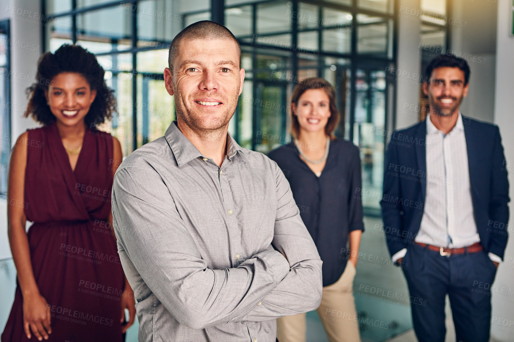 Buy stock photo Leadership, success portrait and happy team together, teamwork support and company vision standing in office. Diversity, corporate happiness and business people smile for entrepreneur motivation 