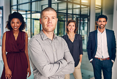 Buy stock photo Portrait, confidence and business people in office with businessman, leadership and project management. Teamwork, professional men and women together with pride, arms crossed and support at company