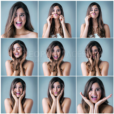 Buy stock photo Composite shot of a beautiful young woman posing against a gray background