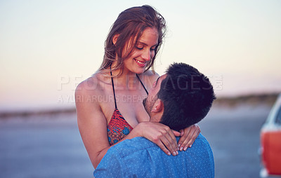 Buy stock photo Couple, love and happy at the beach on date, vacation or road trip in summer at sunset, together and romantic adventure. People, hug and support in relationship, happiness or boyfriend and girl