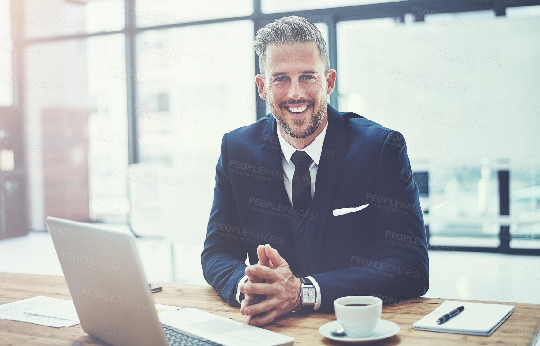 Buy stock photo Portrait of a mature businessman working at his desk in a modern office