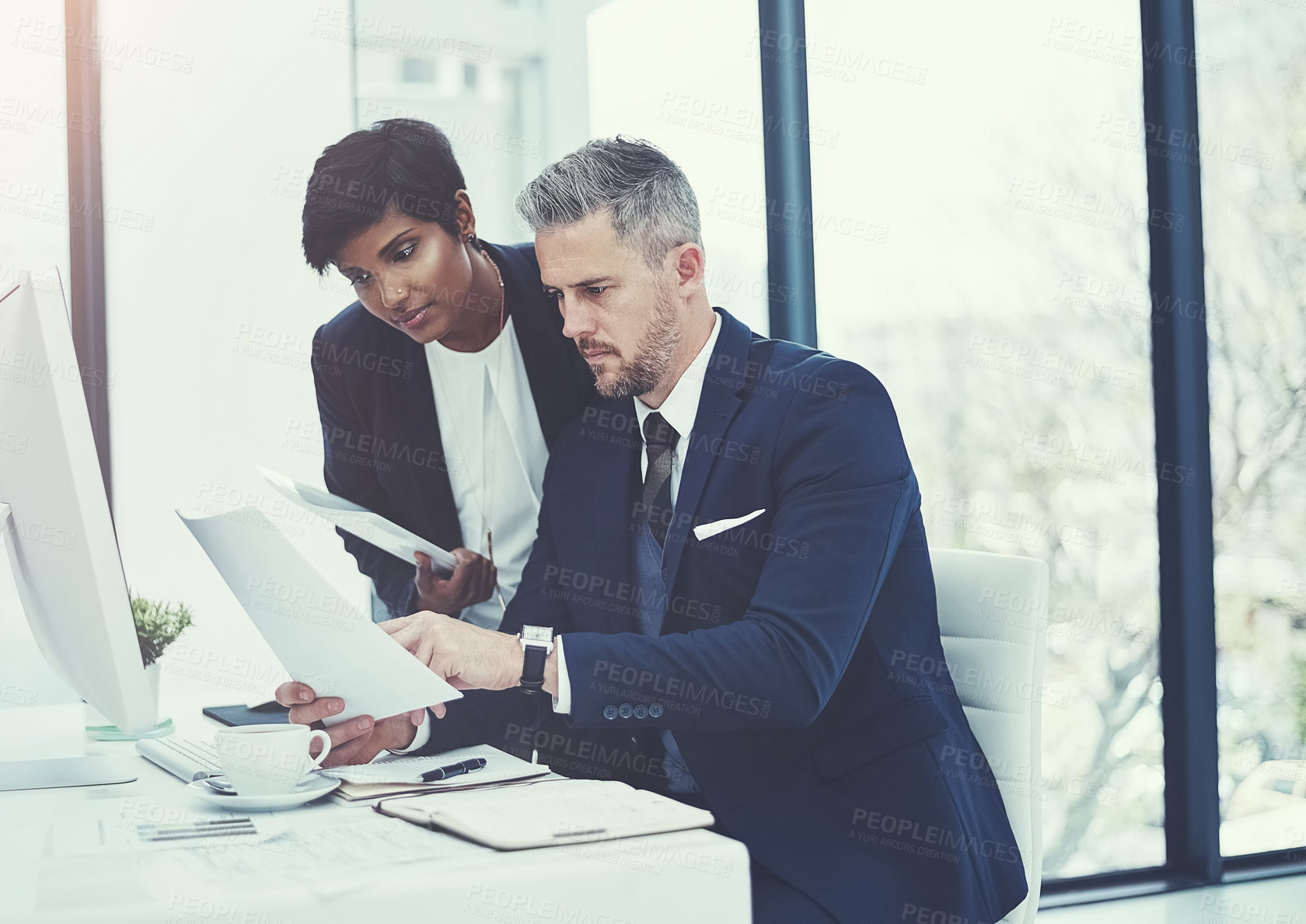 Buy stock photo Businessman, woman and documents with computer at office, admin and feedback at investment agency. People, team and broker with review for asset management, planning and report at financial company