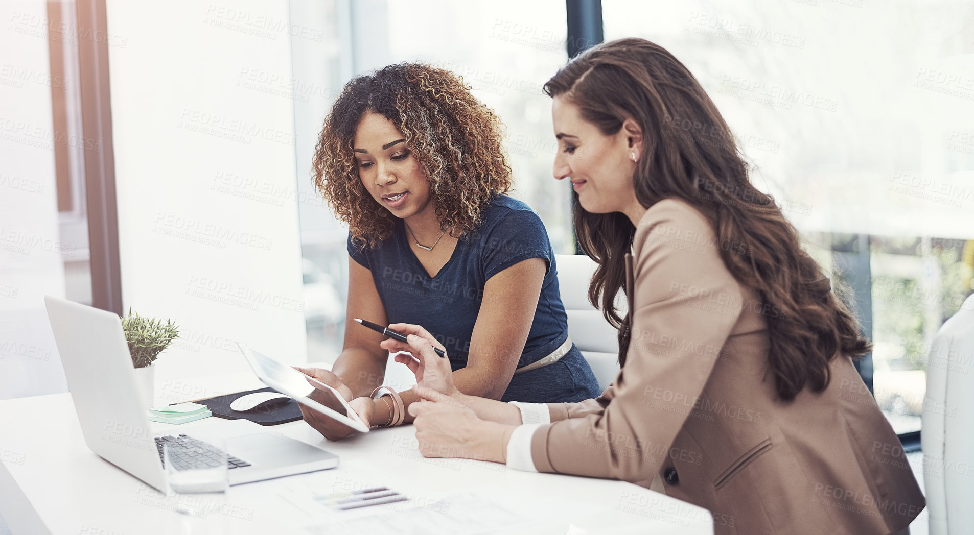 Buy stock photo Online, research and women with tablet, meeting or risk assessment with financial analysis in office. Investment bankers, reading and people with tech for company review, collaboration and discussion