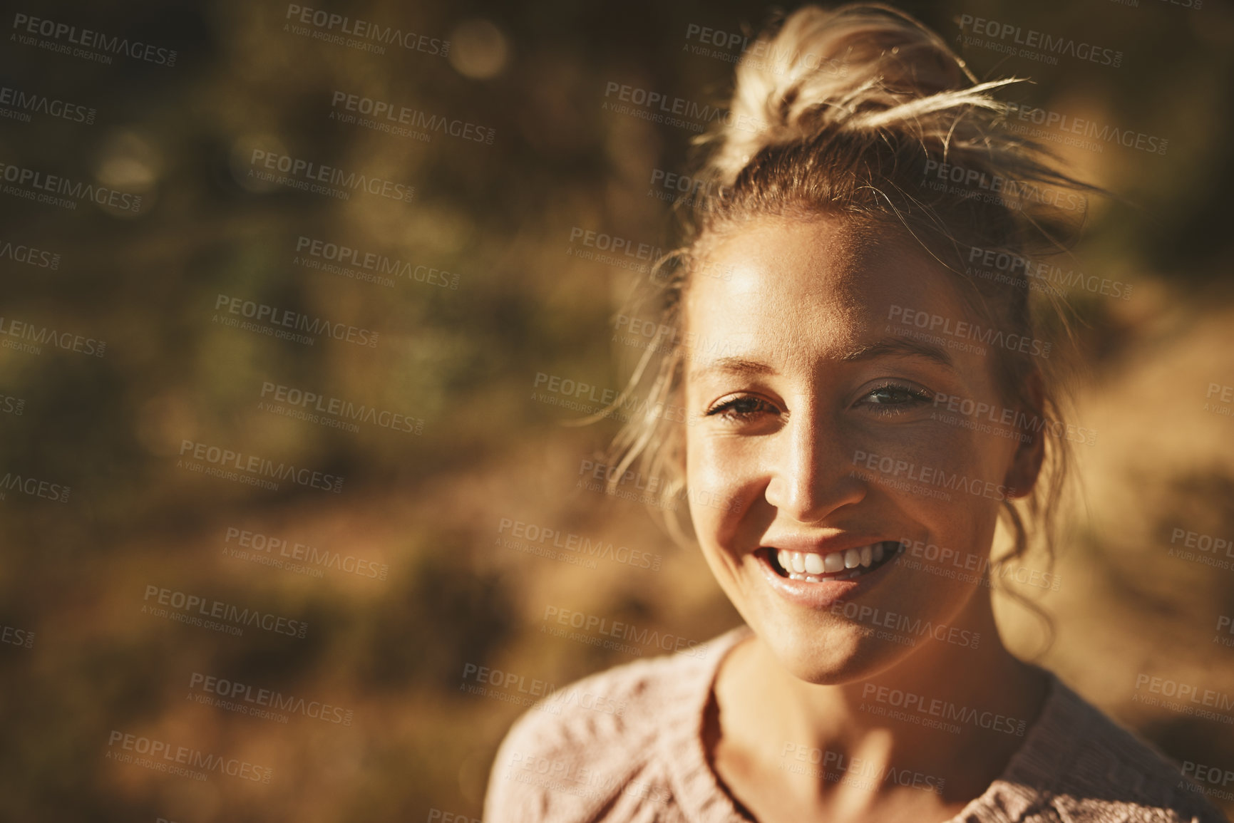 Buy stock photo Happy woman, portrait and mountain for trip in outdoor, cityscape and freedom on vacation. Female person, nature and environment for freedom on vacation, travel and adventure on cliff for peace