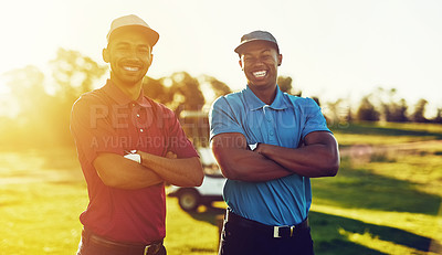 Buy stock photo Shot of two friends standing together on a golf course