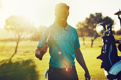 Buy stock photo Cropped shot of a golfer standing on a golf course