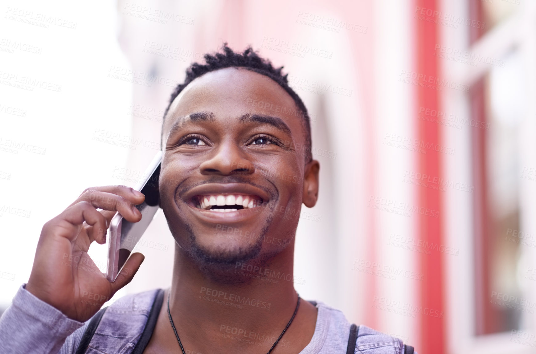 Buy stock photo Happy, black man and phone call with student talking about class on morning commute to university. African male student and hand with smartphone for travel, communication and conversation for college
