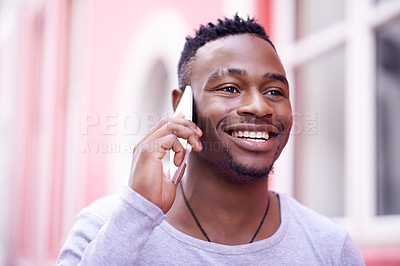 Buy stock photo Happy, black man and phone call with student talking about class or college on morning commute. African male student and mobile with smile for travel, communication and conversation for university