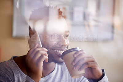 Buy stock photo Smile, coffee and black man with phone call by window for communication, connection and networking. Happy, male person and warm drink in cafe with tech for discussion, contact and conversation