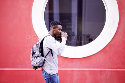 Buy stock photo Outdoor, backpack and black man with coffee, walk and morning for university, student and goals for guy. City, fashion and drink of espresso, travel and college in Atlanta, campus and academy