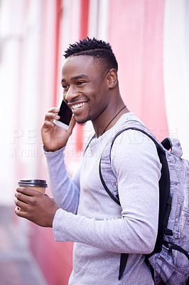 Buy stock photo Black man, phone call and smile in city for talking, networking and backpack in street for travel. College student, mobile connection and happiness in town for catch up, visit or downtown with coffee