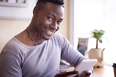 Buy stock photo Tablet, portrait and happy black man in cafe, reading email or notification for social media blog online in Nigeria. Smile, tech or face of student in coffee shop on website, network or scroll on app