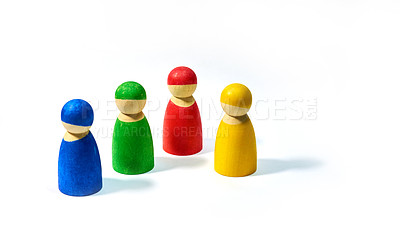 Buy stock photo Wood, icon and symbol on white background for community, diversity and teamwork with social group. Wooden figure, studio and friendship with connection, society or abstract people together with color