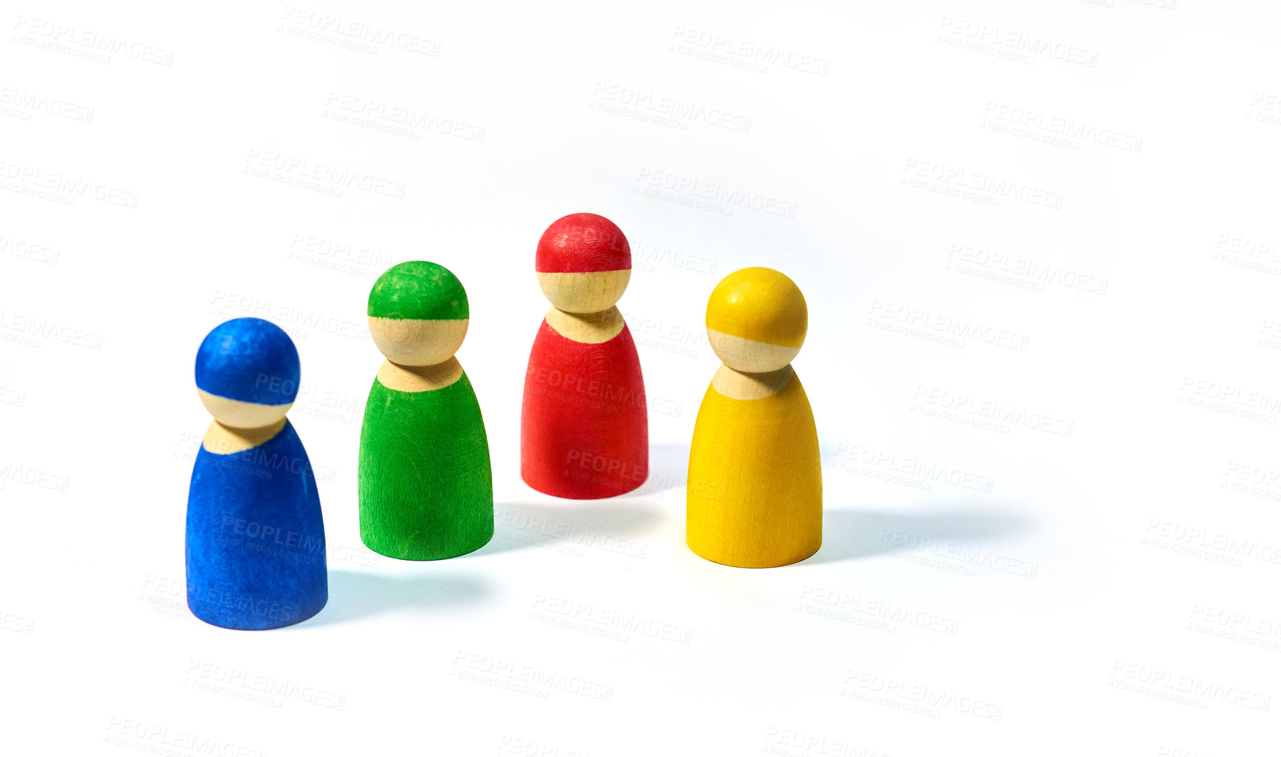 Buy stock photo Wood, icon and symbol on white background for community, diversity and teamwork with social group. Wooden figure, studio and friendship with connection, society or abstract people together with color