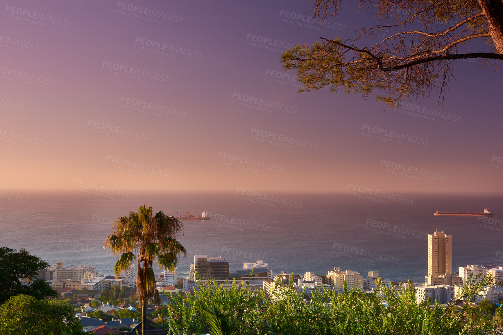 Buy stock photo Ocean sunset, city and sky for travel, holiday destination and location for summer vacation. Sea water, buildings and landscape for tourism, ships and mockup space in horizon in nature in Maldives