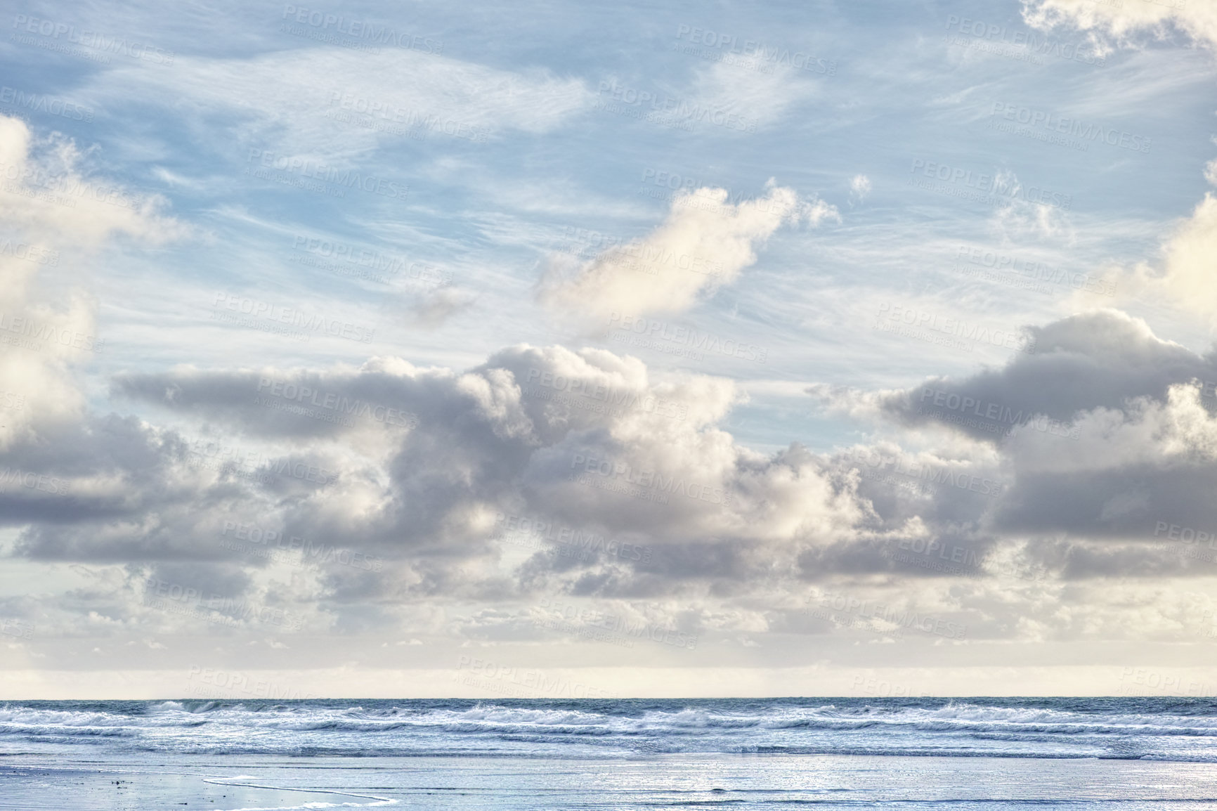 Buy stock photo Nature, sky and beach with clouds, waves and tropical environment with winter weather for travel. Sea, water and ocean climate with natural coast, island horizon and scenic shoreline in Australia