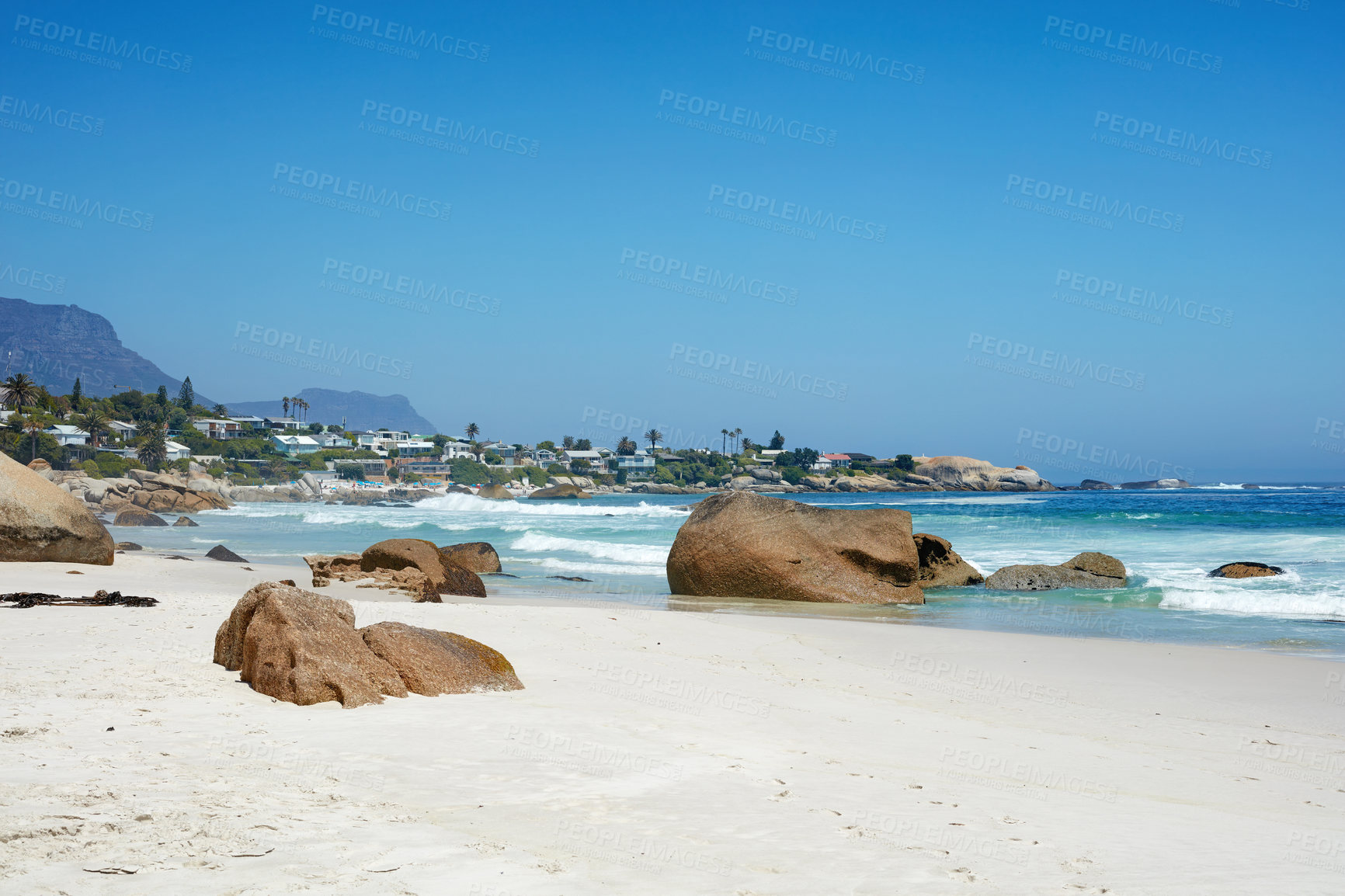 Buy stock photo Sky, tropical and sea with coast, rocks and destination for travel getaway trip by ocean in nature. Outdoor, island ecology and beach with scenic paradise, holiday and vacation adventure in Indonesia