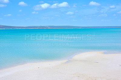 Buy stock photo Tropical, holiday and beach with coast, blue water and destination for travel getaway at sea. Island tourism, natural and ocean with scenic nature or sand for paradise or vacation adventure in Greece