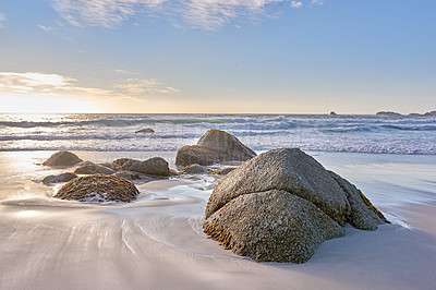 Buy stock photo Background, beach and sunset as seascape, coastal erosion or view by ocean as nature or skyline. Climate change, earth and water as environment for ecology, conservation or sustainability in Thailand