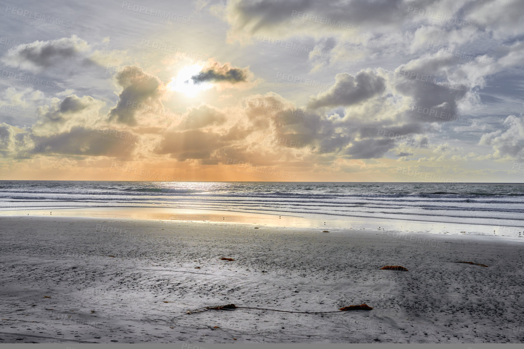 Buy stock photo Sunset sky, nature and calm beach with sand, clouds and tropical environment for meteorology at sea. Evening weather, water and ocean horizon with natural coastline for island climate in Thailand