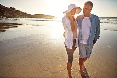 Buy stock photo Happy couple, walk and beach with hug on holiday, island or coast for getaway, travel or vacation in Bali. Woman, man and relationship on date or marriage anniversary by ocean at sunset in Indonesia