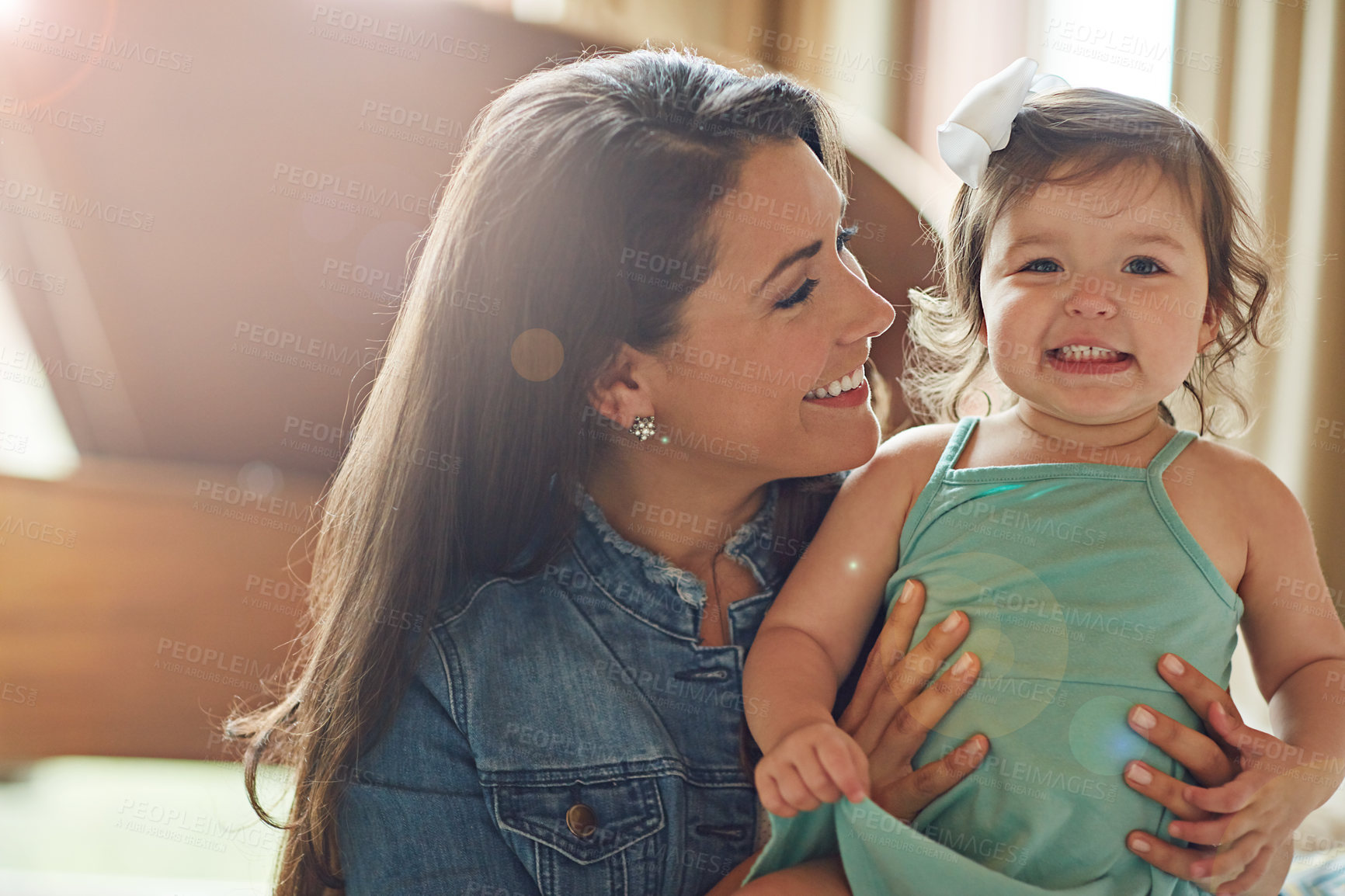 Buy stock photo Mom, child and happy family for bonding, playing and love or support at home in living room. Portrait of baby, daughter or kid with mother or woman relax in lounge and light, summer or smile for care