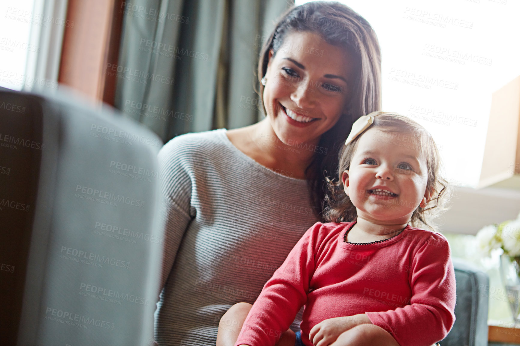 Buy stock photo Relax, happy and smile with mother and baby on sofa for bonding, quality time and child development. Growth, support and trust with mom and daughter in family home for health, connection and care