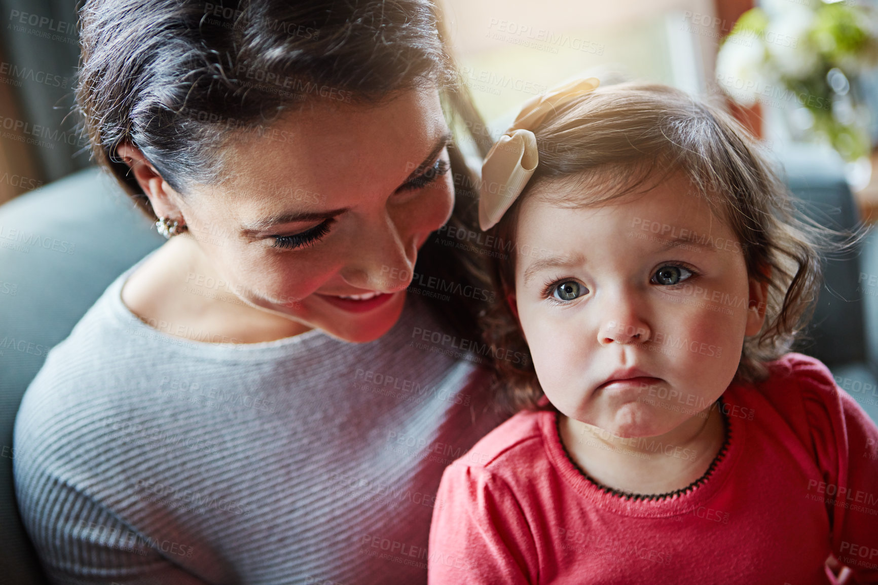 Buy stock photo Love, mother and baby daughter on sofa, relax and happiness in lounge, bonding and loving. Motherhood, infant girl and happy mama on couch in lounge, child development and care with nurture or growth