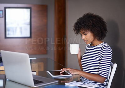 Buy stock photo Laptop, tablet and woman with coffee for work from home opportunity, freelancer career and multimedia planning. African person or remote worker drinking tea with inspiration for digital tech project
