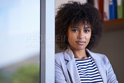 Buy stock photo Portrait, business and happy black woman in startup for entrepreneur, designer and creative company. Face, proud and young afro female person for confidence, happiness and pride in workplace