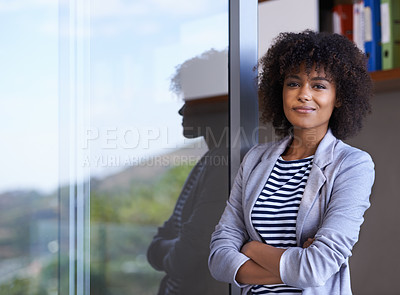 Buy stock photo Office, portrait and confident businesswoman with smile, pride and professional at window. Balcony, business and happy woman with arms crossed for fresh air, startup and entrepreneur at workplace