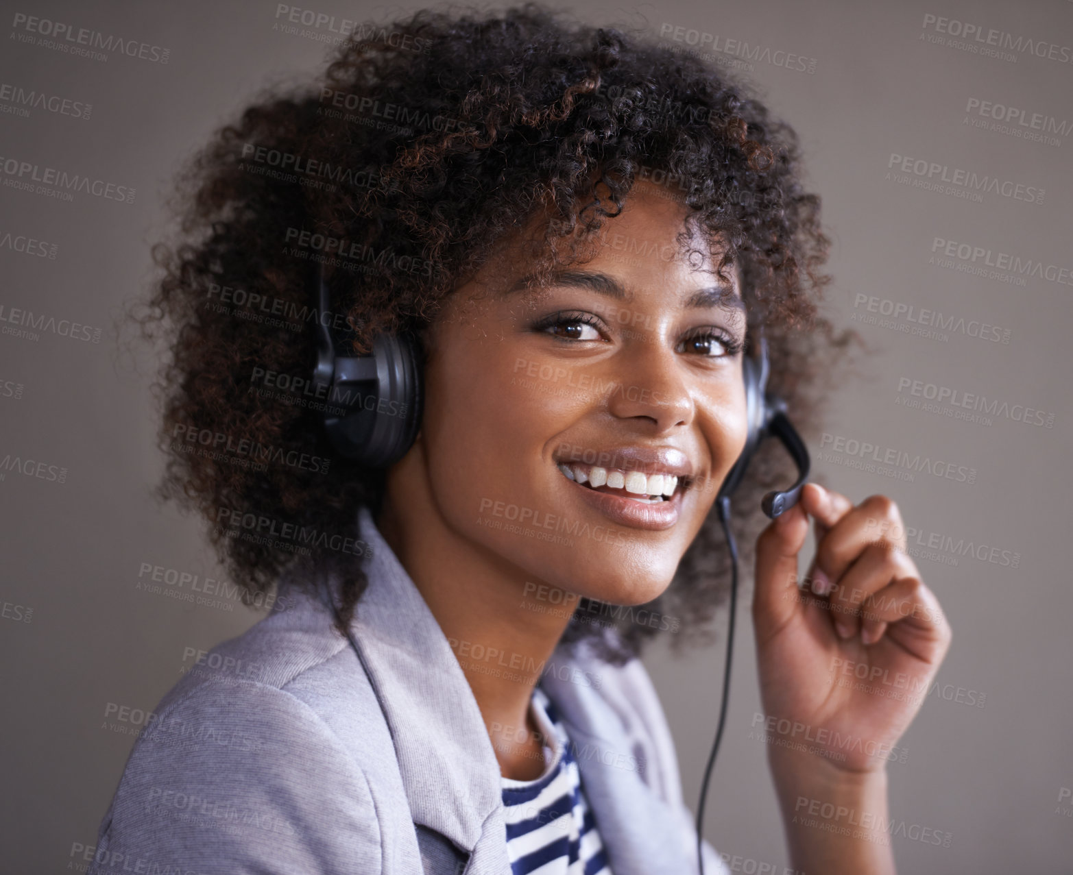Buy stock photo Portrait, call center and consultant woman in headset for virtual communication, technical support or talking online. Professional agent or face of happy, African business person in telemarketing job