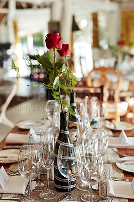 Buy stock photo Shot of a decorated table at a wedding reception