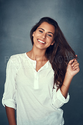 Buy stock photo Woman, happy and portrait or pose, hair and backdrop for fashion, style and proud or confident. Female person, beauty and haircare for cosmetics, glow and cool or retro, trendy and vintage clothing 